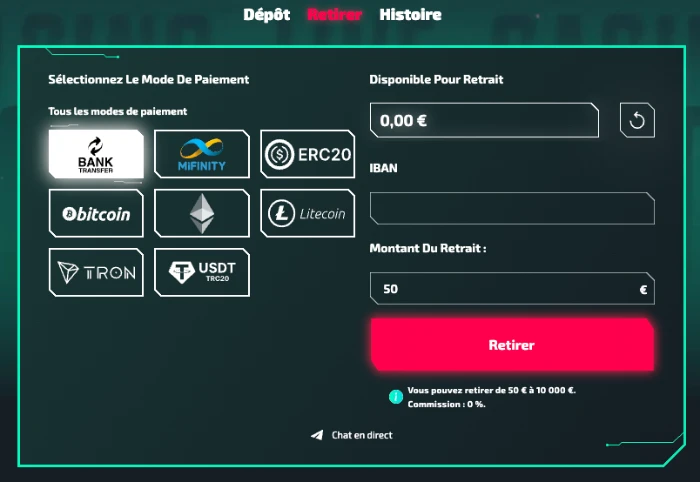 Fenêtre de retrait de Casinozer